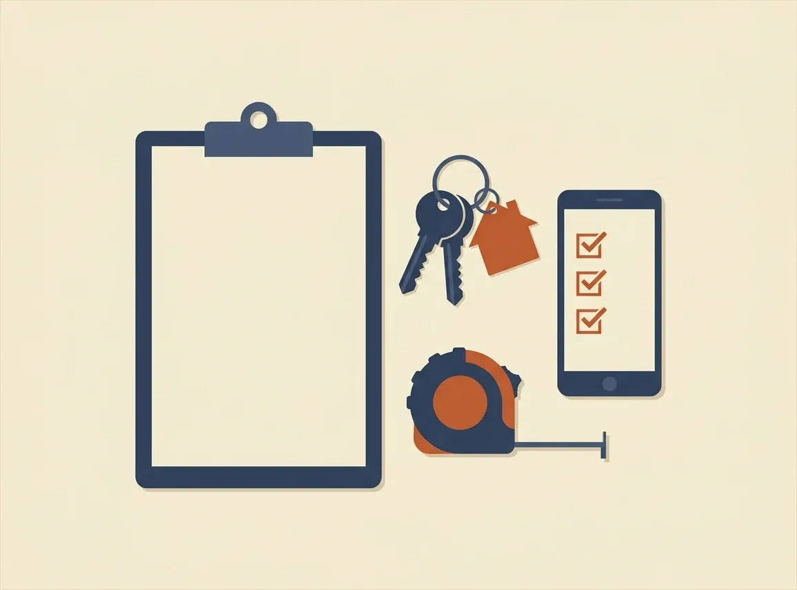 A flat illustration of an inspection clipboard beside house keys on a house-shaped keyring, a tape measure, and a phone showing a checklist