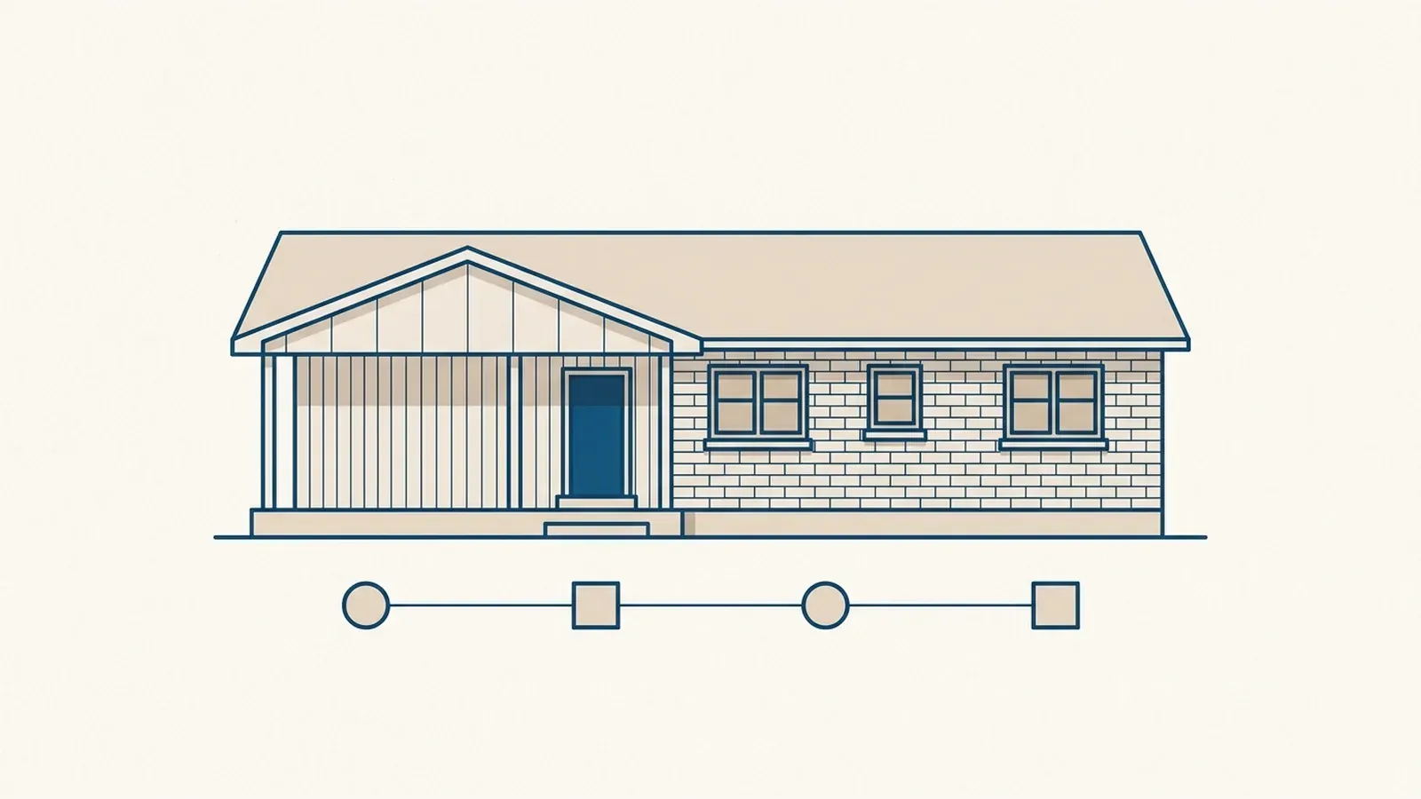 A flat illustration of a single-story ranch house with a row of simple markers beneath it suggesting stages