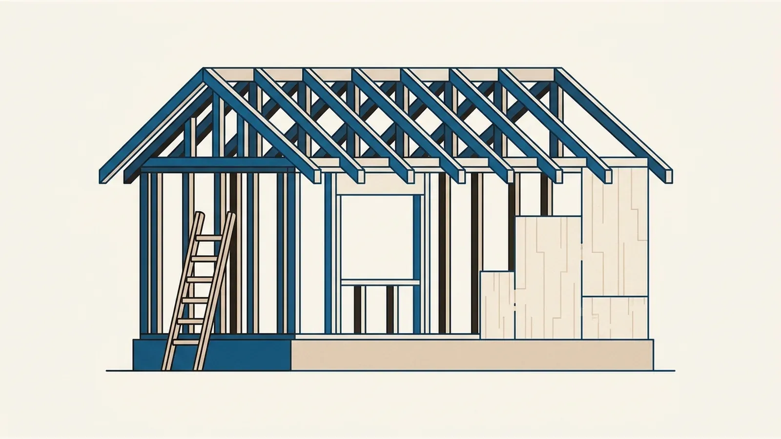 A flat illustration of a house under construction with exposed wall studs and roof trusses and a ladder against one wall