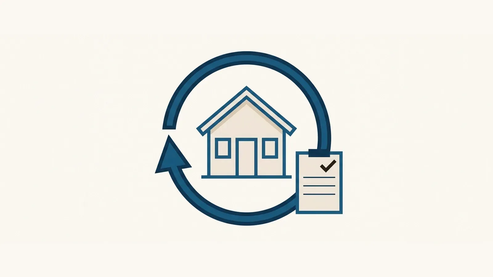 A flat illustration of a house with a circular arrow looping around it beside a clipboard with a checkmark