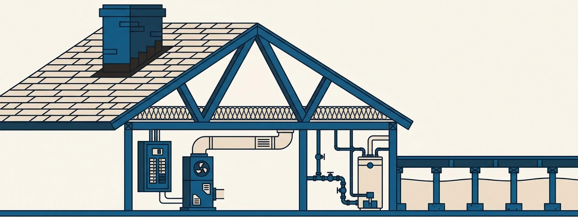 A flat cutaway illustration of a house read left to right: shingled roof and chimney flashing, roof truss and attic insulation, an electrical panel and air handler with a duct, plumbing and a water heater, and a crawlspace on piers